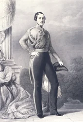 Portret van Albert van Saksen-Coburg en Gotha, echtgenoot van koningin Victoria en prins-gemaal van het Verenigd Koninkrijk, door Franz Xaver Winterhalter, prent