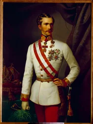 Portret van Francois Joseph van Oostenrijk op 28-jarige leeftijd in ceremonieel uniform (1830-1916)