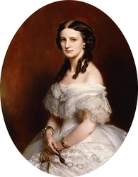 Portret van een dame, halve lengte, in een witte jurk en met een paar lunettes