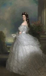 Portugees: Keizerin Elisabeth van Oostenrijk: haar haar is versierd met witgouden sterren bezet met diamanten. Keizerin Elisabeth van Oostenrijk in hoofse galakleding met diamanten sterren