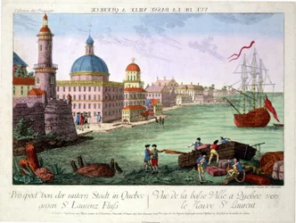 Zicht op de Benedenstad in Quebec richting de St. Lawrencerivier. Gravure door Franz-Xavier Habermann