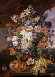 Fruit en bloemen op een richel met landschap. Schilderij van Franz Xaver Petter (1791-1866) Privécollectie.