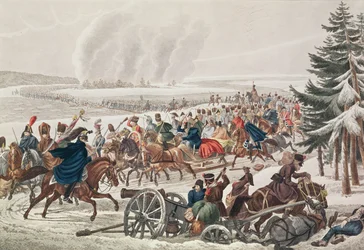 Het Franse leger trekt zich terug over de rivier Berezina, 26 november 1812, gegraveerd door J.A. Klein