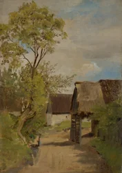 Dorpsstraat in Aresing (?) met vrouwelijke figuur