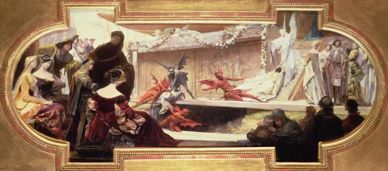 Schets voor een plafondschildering die een scène uit een serie over de Geschiedenis van het Theater afbeeldt