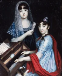 Twee jonge dames bij de pianoforte (aquarel en gouache op ivoor)