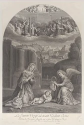 De Maagd Maria aanbidt het Christuskind, een engel houdt een doornenkroon vast aan de rechterkant, ca. 1729