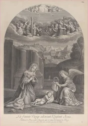 De Maagd Maria aanbidt het Christuskind, een engel houdt een doornenkroon vast (detail)