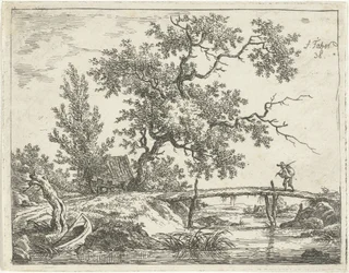 Landschap met man op brug