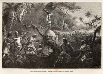 Abd es Samate, vriend en luitenant van Mounza, koning van de Mombuttous, daagt zijn vijanden de Zandes (of niam niam) uit die hen de oorlog hebben verklaard, gravure naar de tekening van Laguillermie, ter illustratie van een reis naar het hart van Afrika, 