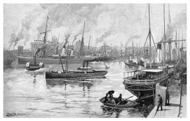 Melbourne vanaf de Yarra, Victoria, Australië, 1886