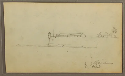 Tekening, Een fort; Verso: Botanische schetsen, Huis, 1857