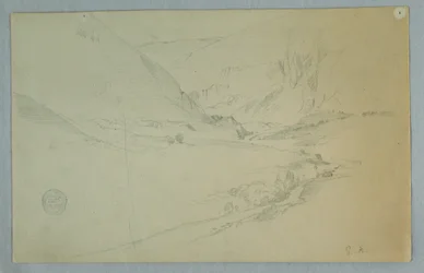 Tekening, Andiaanse bergvallei met kronkelende stroom, Colombia of Ecuador, 1857
