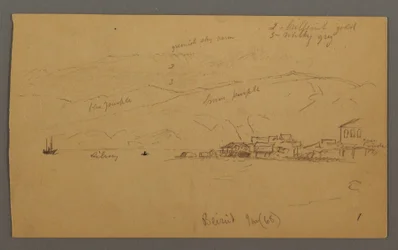 Tekening, Baai met huizen, bergen erachter, januari 1868
