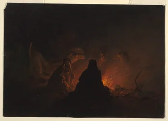 Tekening, bedoeïenen in kamp bij nacht, februari of maart 1868