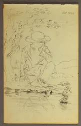 Tekening, Jongen knielend naast een boom, 1844