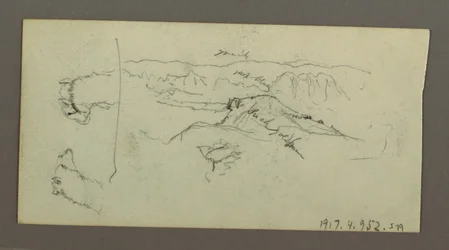 Tekening, Kameelstangen, boomstruik en vallei, mogelijk 1868