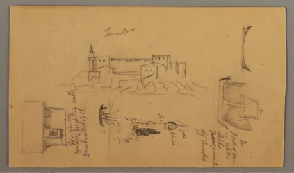 Tekening, Kasteel, Minaret, Zeilboten, Huis, mei 1868