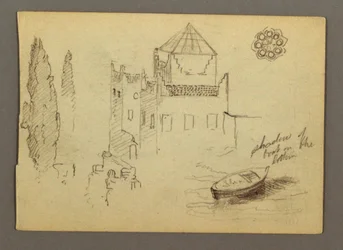 Tekening, Kasteel aan het water, boot, bomen, mogelijk 1868