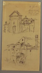 Tekening, Kerk, Gebouw, Overdekte Brug, mogelijk 1868-69