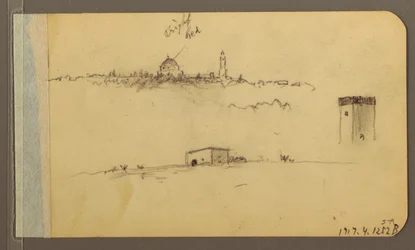 Tekening, Kerk, toren, huis; Verso: Bergketen, 1889