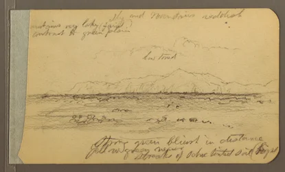Tekening, Kerk, toren, huis; Verso: Bergketen, 1889