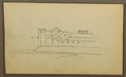 Tekening, Kerk, torens; Verso: Figuren in kano, Botanische schetsen, 1857