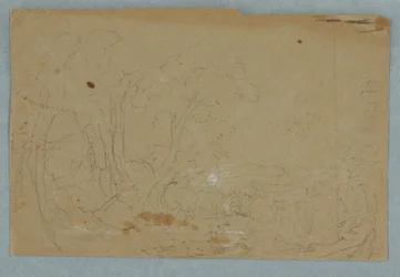 Tekening, Bewolkte lucht boven heuvelachtig landschap; Verso: Volle maan weerspiegeld in een beek, 1845-50