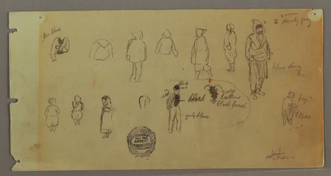 Tekening, kostuum- en figuurschetsen, mogelijk 1869