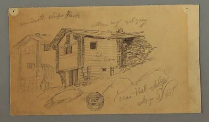 Tekening, Details van bergschuren, huizen en een rots, Berner Alpen, Zwitserland, 3 september 1868