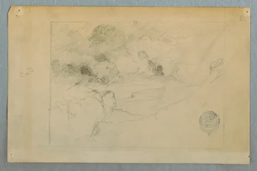 Tekening, Ver uitzicht op de uitbarsting van de vulkaan Sangay, Ecuador, 1857-62