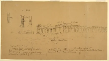 Tekening, Dorische Griekse tempels van Athena (voorheen Ceres), Hera II (voorheen Neptunus), en Hera I (voorheen Basilica), Paestum, Salerno, Italië, april 1869