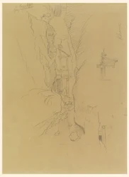 Tekening, El Khasneh van de Sik, Petra, eind februari 1868