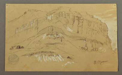 Tekening, El Jemen-vallei, Arabië:  Rotswand, 20 februari 1868