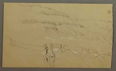 Tekening, El Yemen-vallei, Arabië: Rotsmuur met het bovenste deel dat lijkt op een rij zuilen, 20 februari 1868