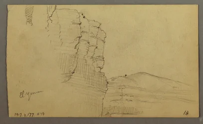 Tekening, El Yemen-vallei, Arabië: Rotsmuur met het bovenste deel dat lijkt op een rij zuilen, 20 februari 1868