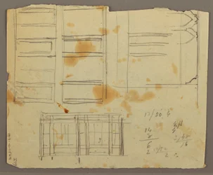 Tekening, Figuur Schetsen; Verso: Boekenkast, 1853