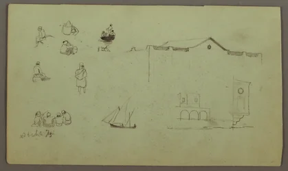 Tekening, Figuurstudies, Zeilboot, Architectuurstudies, mogelijk 1868
