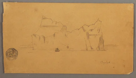 Tekening, Drijvende ijsberg met zeilboot, mogelijk 1859
