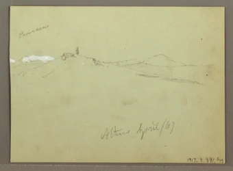 Tekening, Kudde schapen en herder, besneeuwde bergketens, april 1869