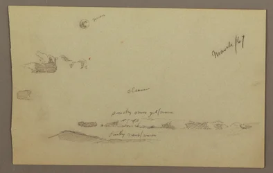 Tekening, volle maan, wolken, jaren 1860