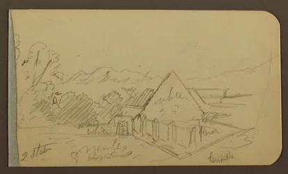 Tekening, Tuin, Huis, Cuautla; Verso: Kerk, Schuur, Cuautla, februari 1885