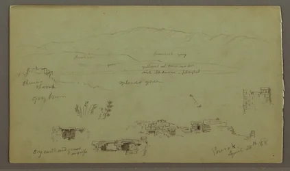 Tekening, heuvelrug over vlakte, ruïnes, 28 april 1868