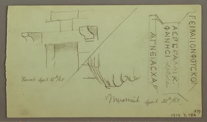 Tekening, heuvelrug over vlakte, ruïnes, 28 april 1868