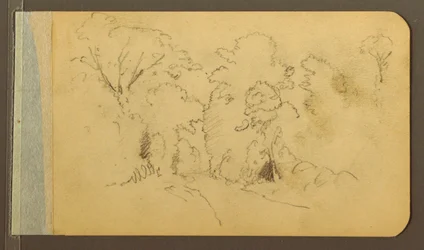 Tekening, Heuvel en bergketens; Verso: Weg in het bos, 1889