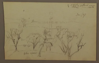 Tekening, Heuvels, Bomen, Laagstaande zon, 1867