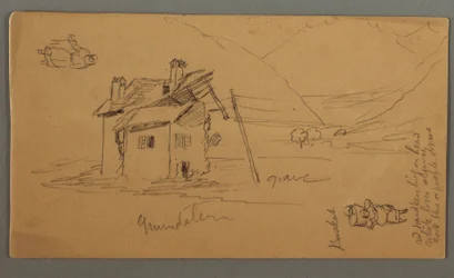 Tekening, Hlaf-Ruined House in Valley, Twee figuren, 1868