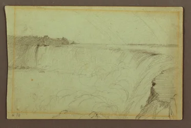 Tekening, Horseshoe Falls met een dubbele regenboog, Niagara River, Canada, 1856