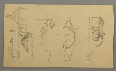 Tekening, Huis, Brug, Kasteel, Daken, augustus 1868