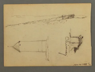 Tekening, Huis boven klif, torens, mogelijk 1868